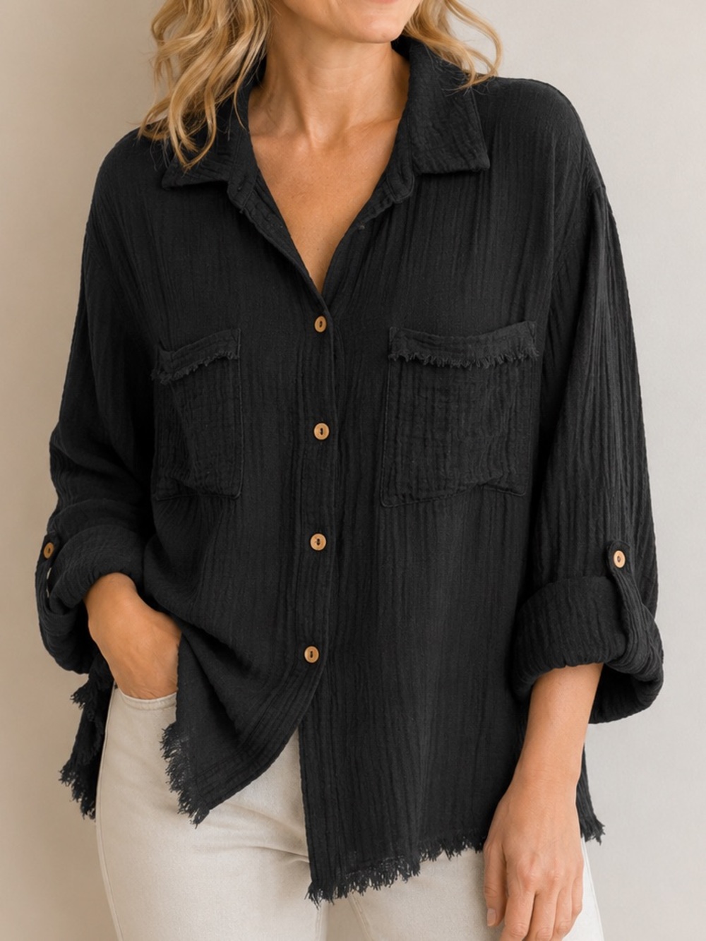 100% Cotton Gauze Zenana Button Down Shirt Large Raw Hem Oversized Boho Zenana